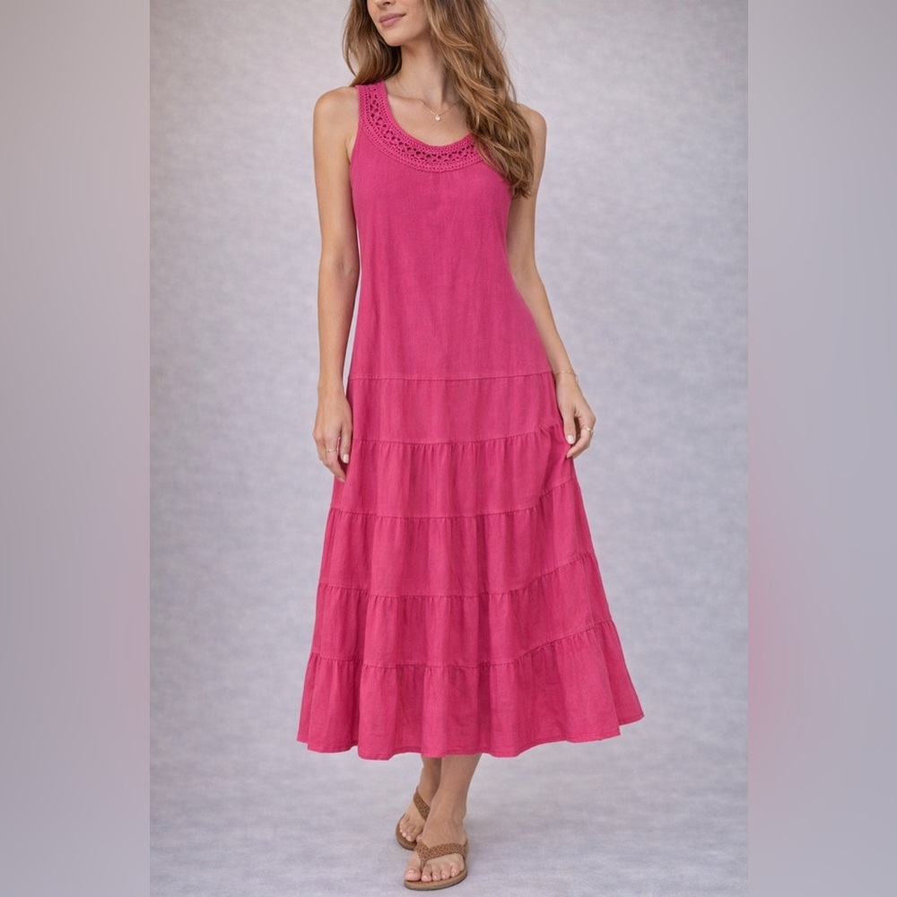 Pink Tiered Maxi Dress Cotton Boho Sundress Sleeveless Crochet Neck 10 - Picture 2 of 8